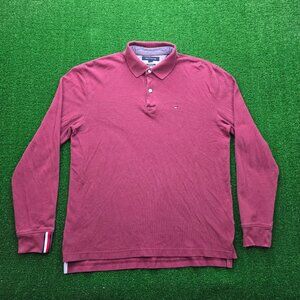 Tommy Hilfiger Polo Shirt‎ Mens Medium Red Maroon Long Sleeve Classic Fit Golf